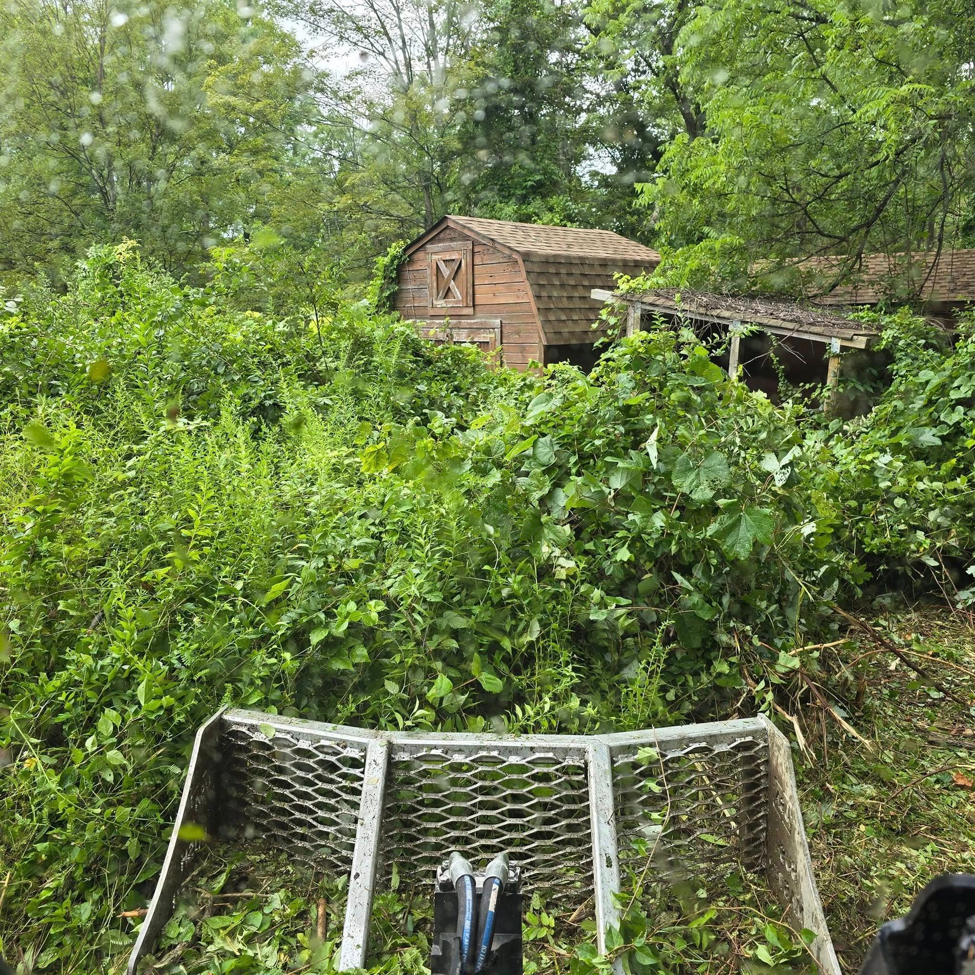 A fence is sitting in the middle of a lush green field.