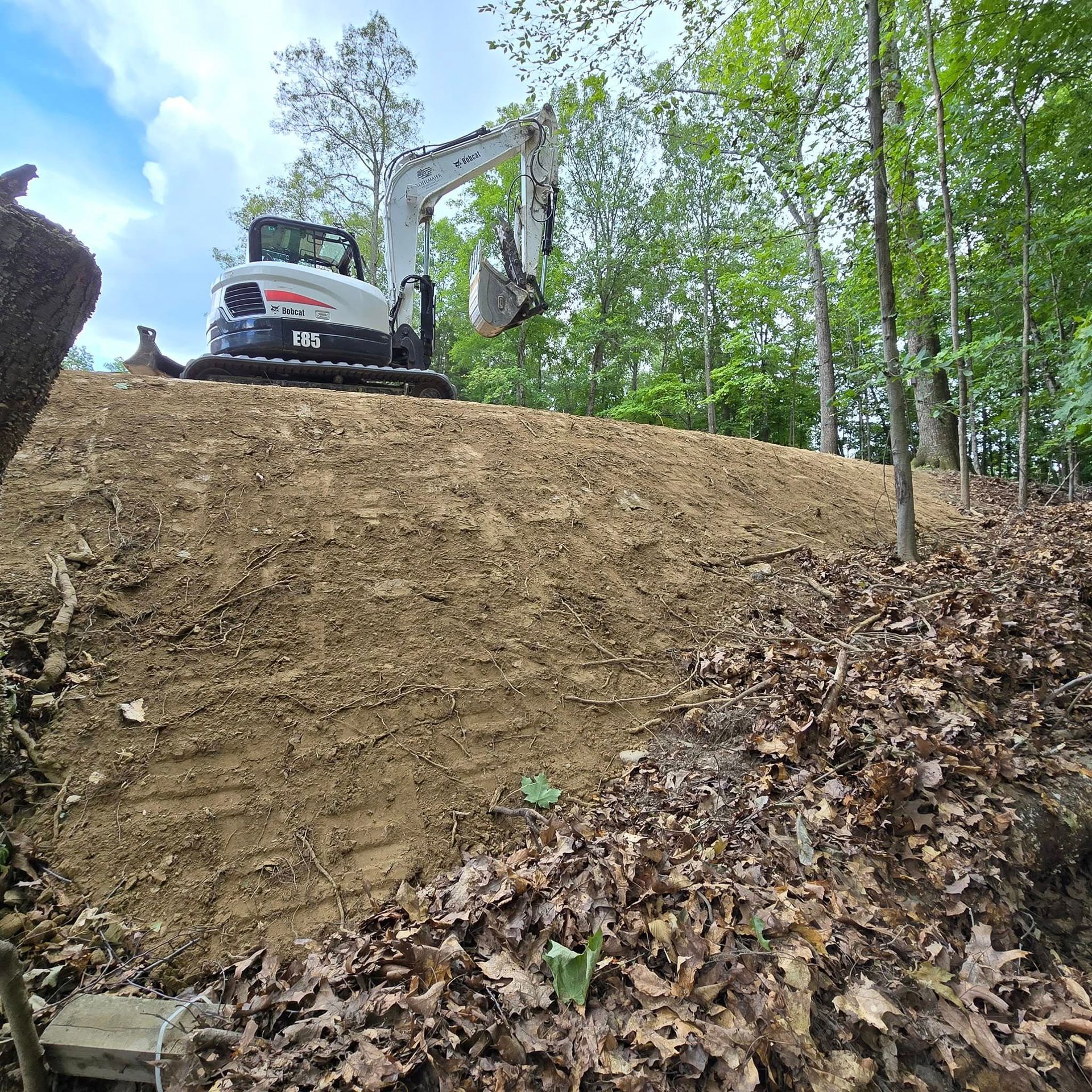 A bulldozer is working on a hill in the woods.