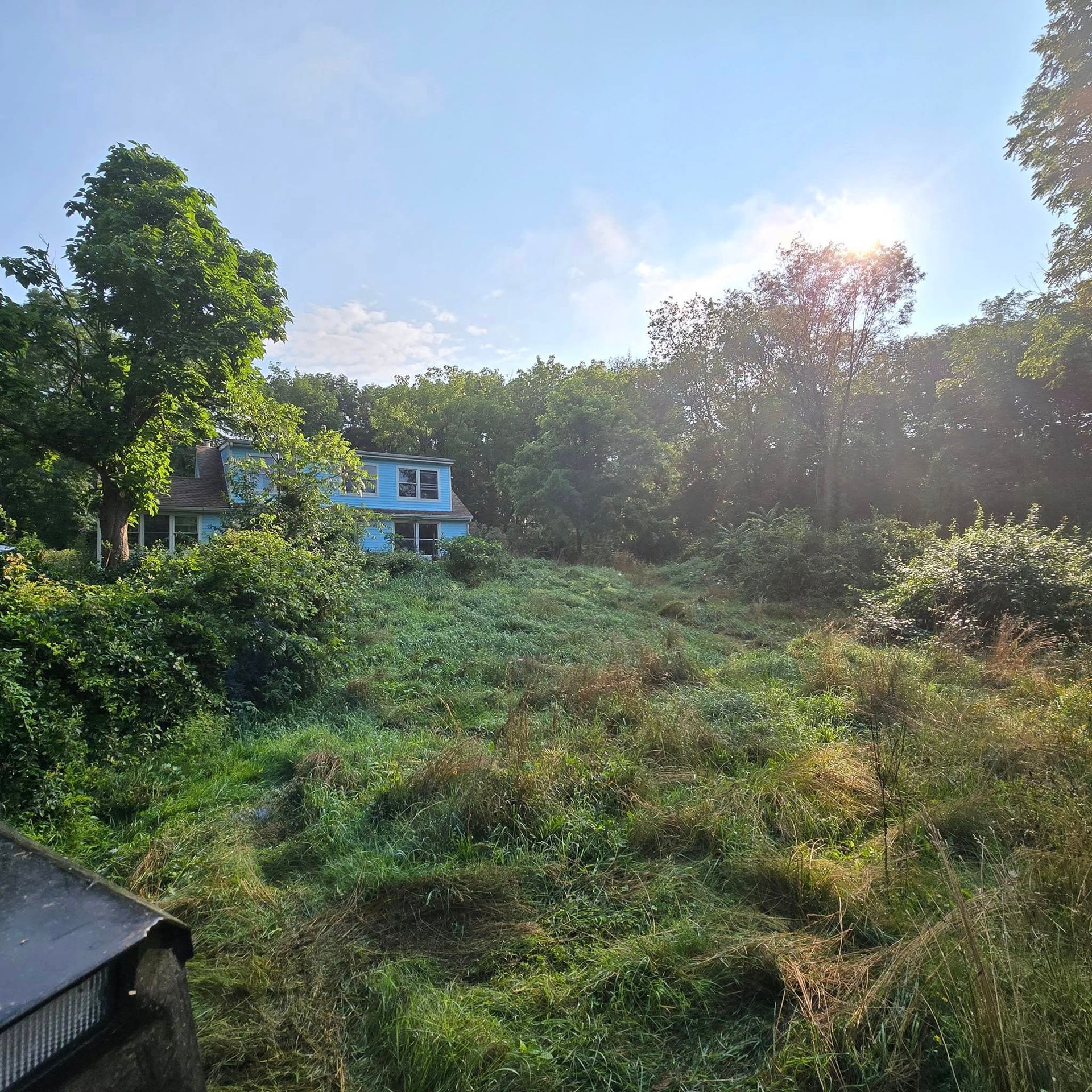 A blue house sits in the middle of a grassy field