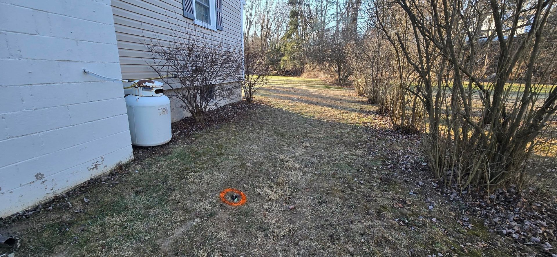 A propane tank is sitting in the grass next to a house.