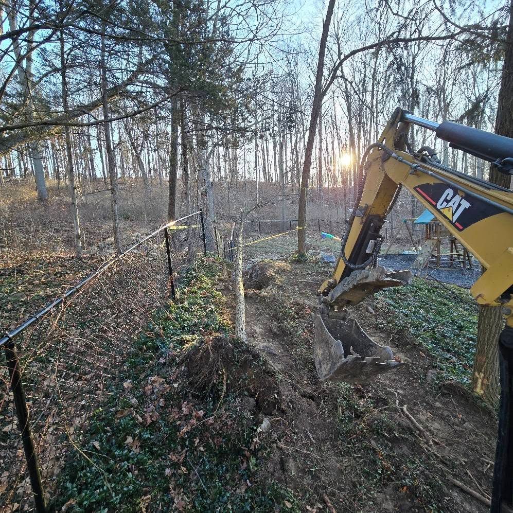 A cat excavator is digging a hole in the woods.