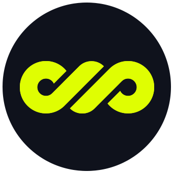 Yellow intertwined infinity symbol inside a dark blue circle.