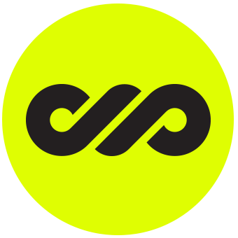 Black intertwined design within a neon green circle.