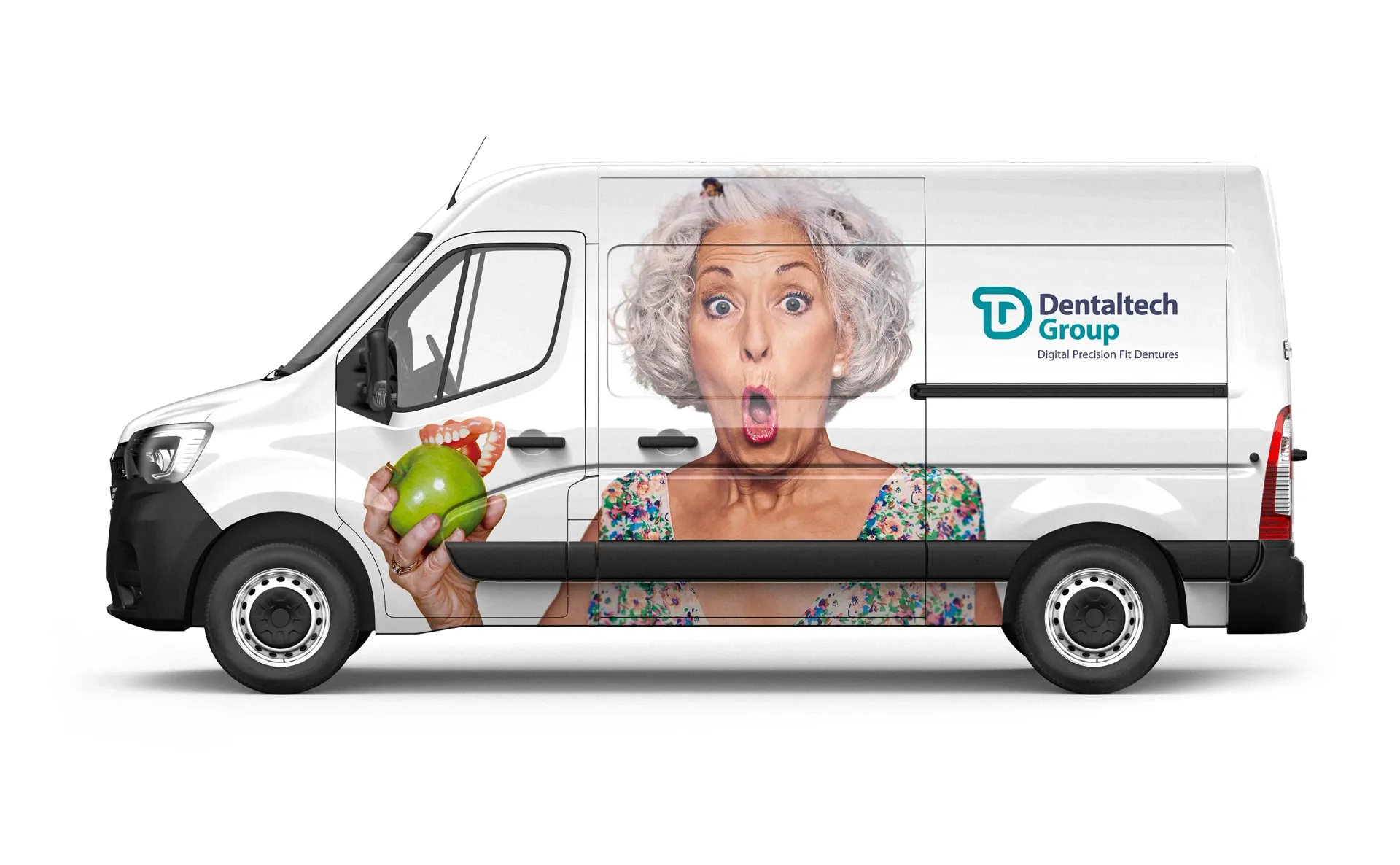 White van with a surprised woman holding an apple, logo for Dandrick Group.