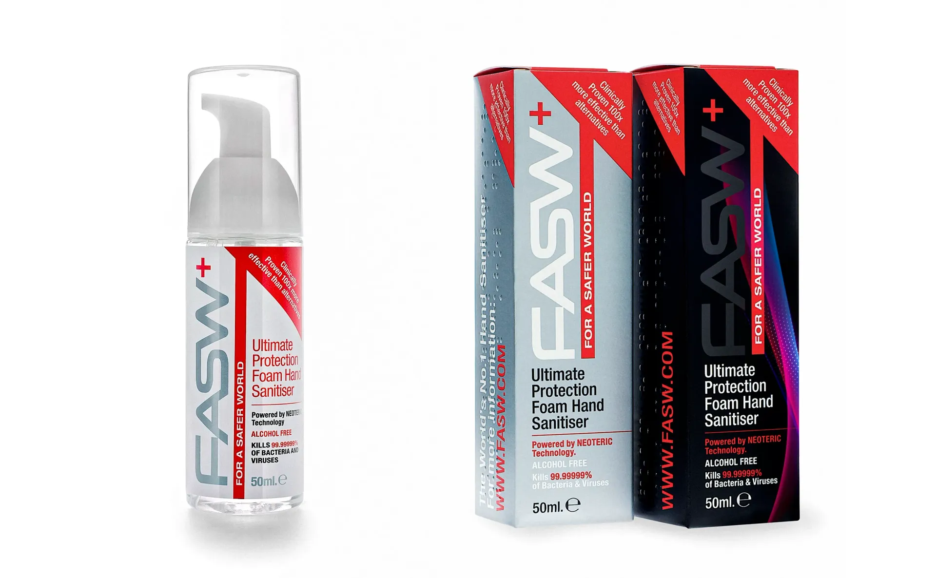 FASW+ lubricating foam and packaging in white, red, and black.