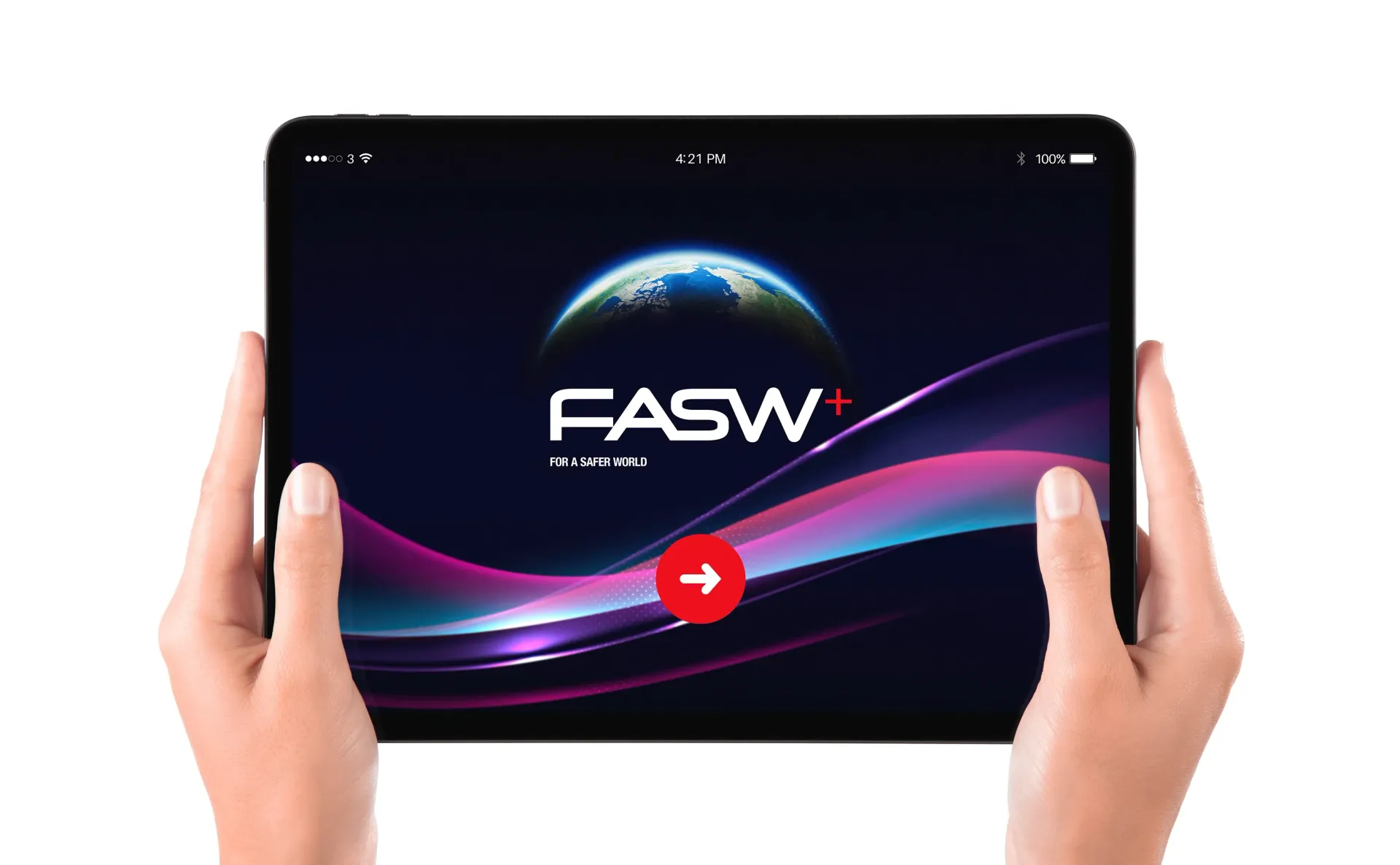 Hands holding a tablet displaying a FASW+ logo, globe graphic, and a red arrow icon.