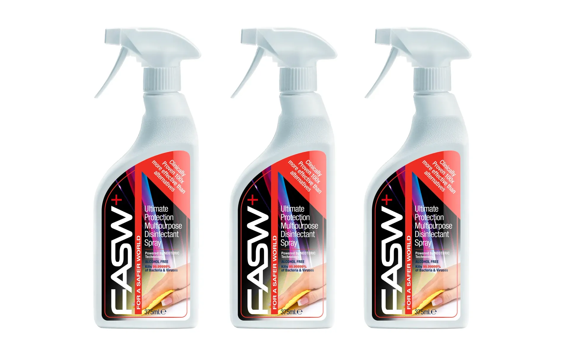Three white spray bottles of cleaning product, each with a red and black label.