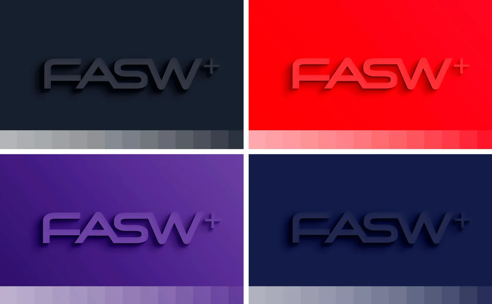 FASW+ logo variations in dark grey on blue, red, purple, and navy backgrounds with a gradient color bar.