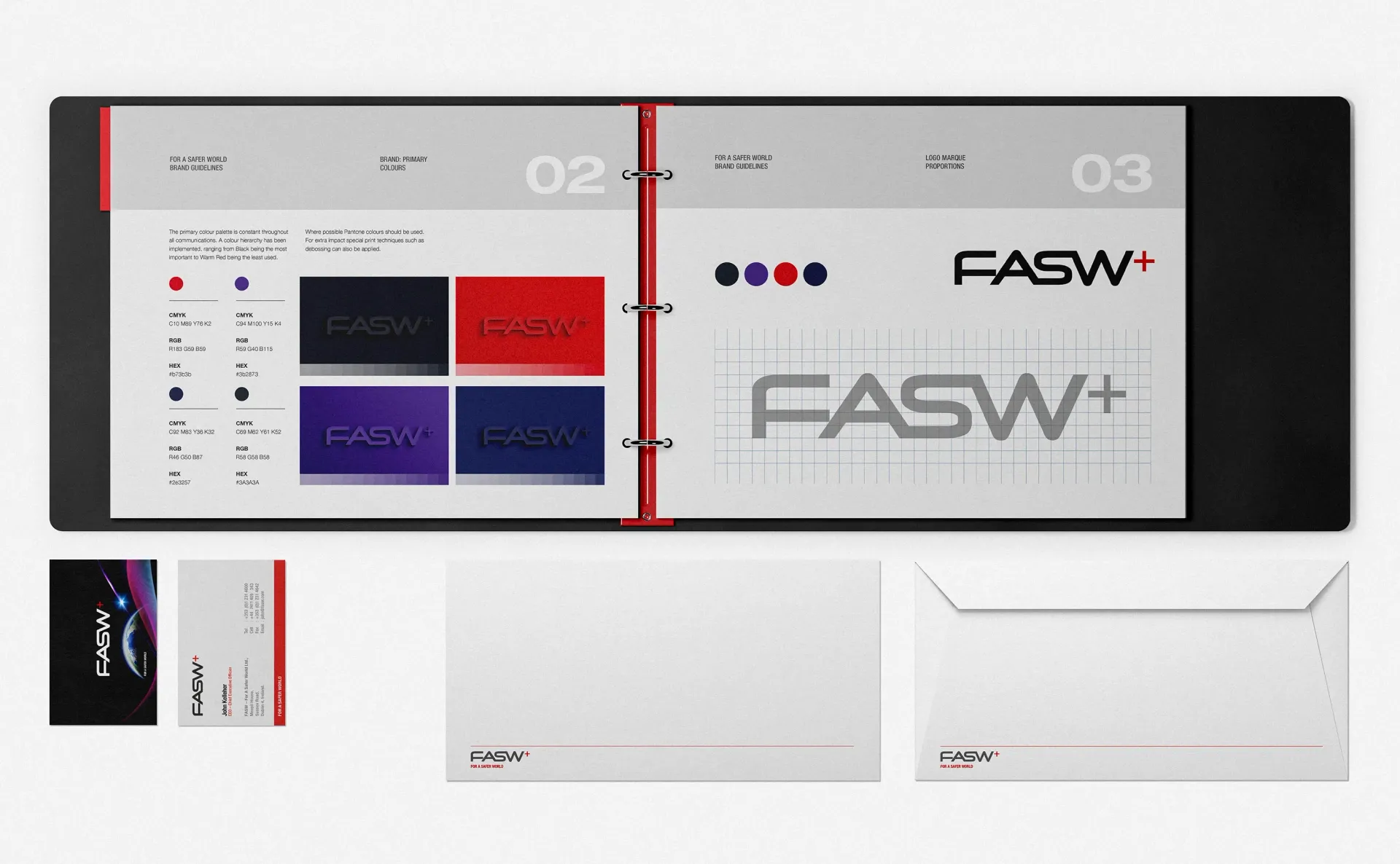 Brand identity presentation with color palette, logo, and stationery mockups.