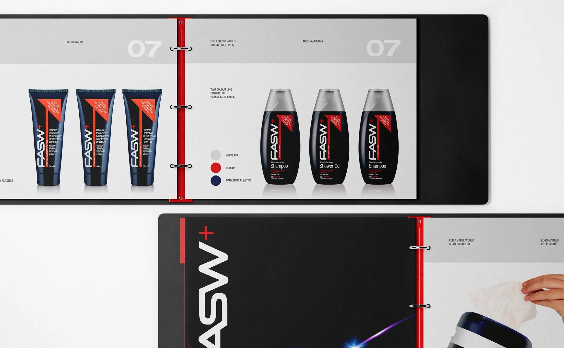 Brochure showcasing skincare product line, featuring tubes and bottles, with product variations in black, red, and blue.
