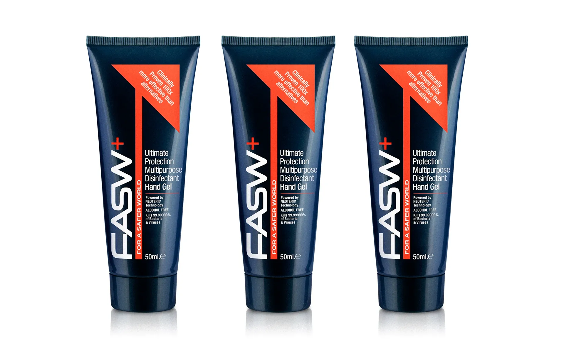 Three blue tubes of FASW+ product with orange and white text.