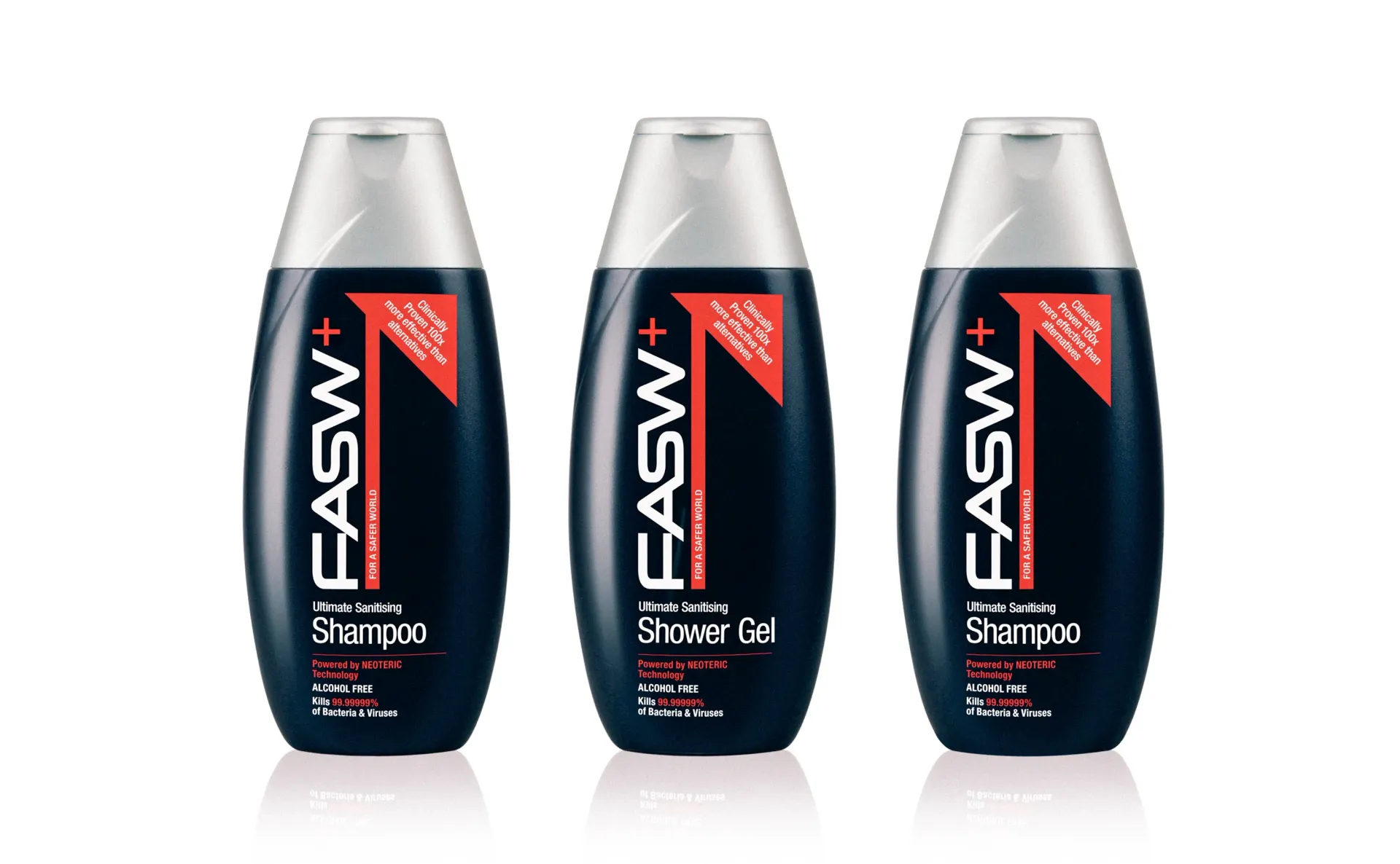 Three bottles of FASW+ shampoo and shower gel against a white background.