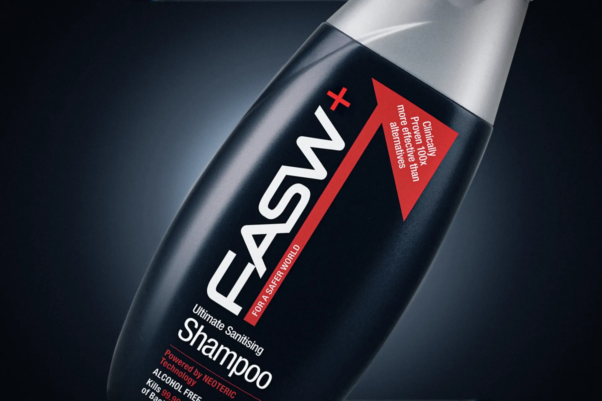 Black and silver FASW+ shampoo bottle with red accents, angled against a dark background.