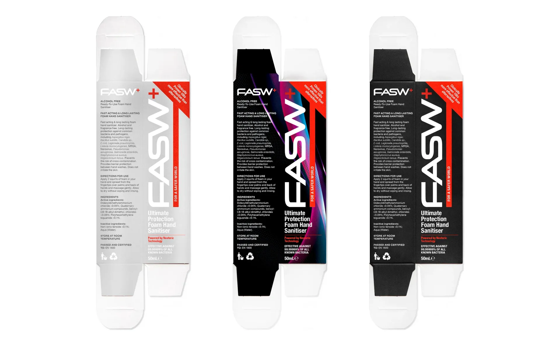 Three white, black, and dark gray boxes of FASW+.