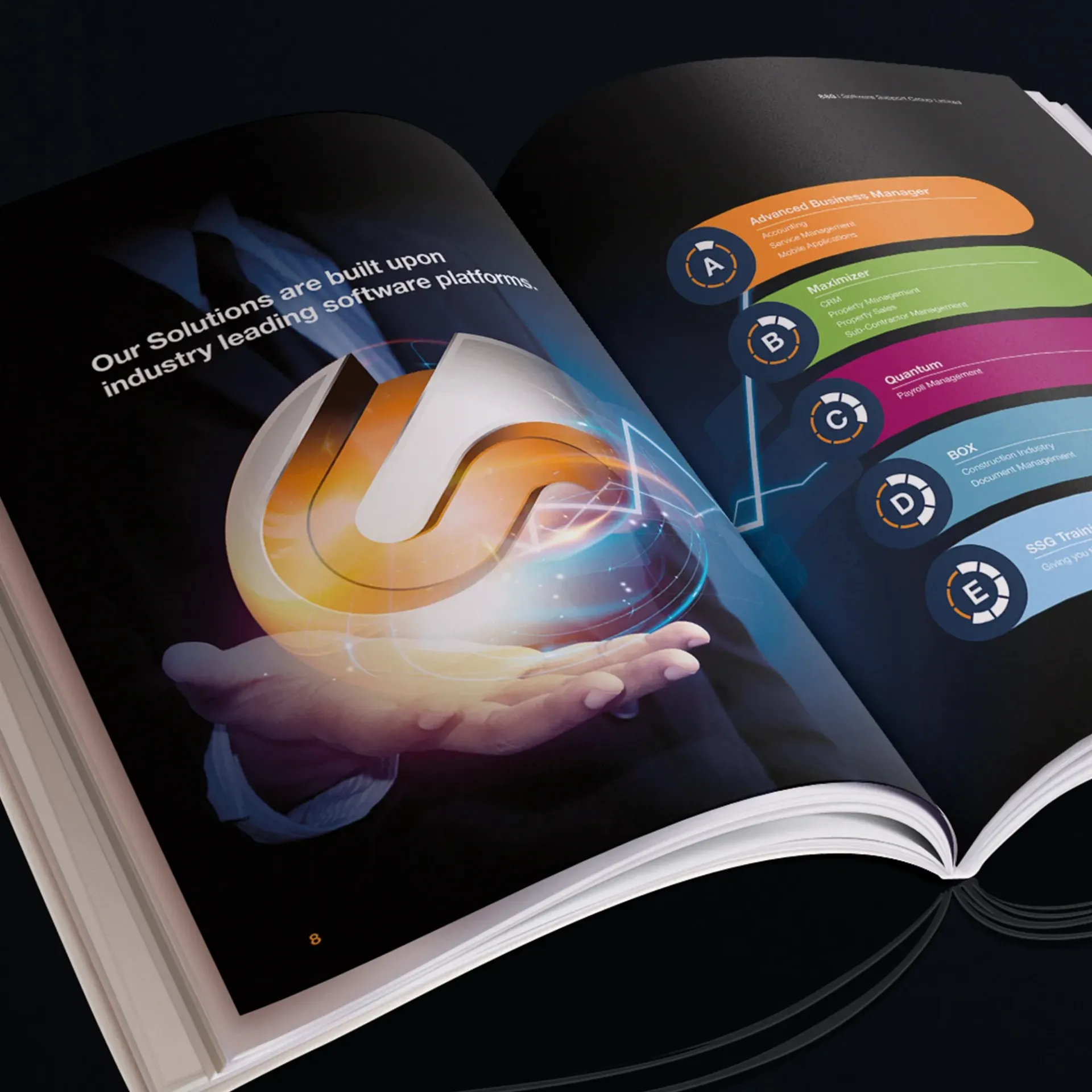 Brochure open to two pages. Left: Hand holding glowing orb logo. Right: Colorful infographic, dark background.