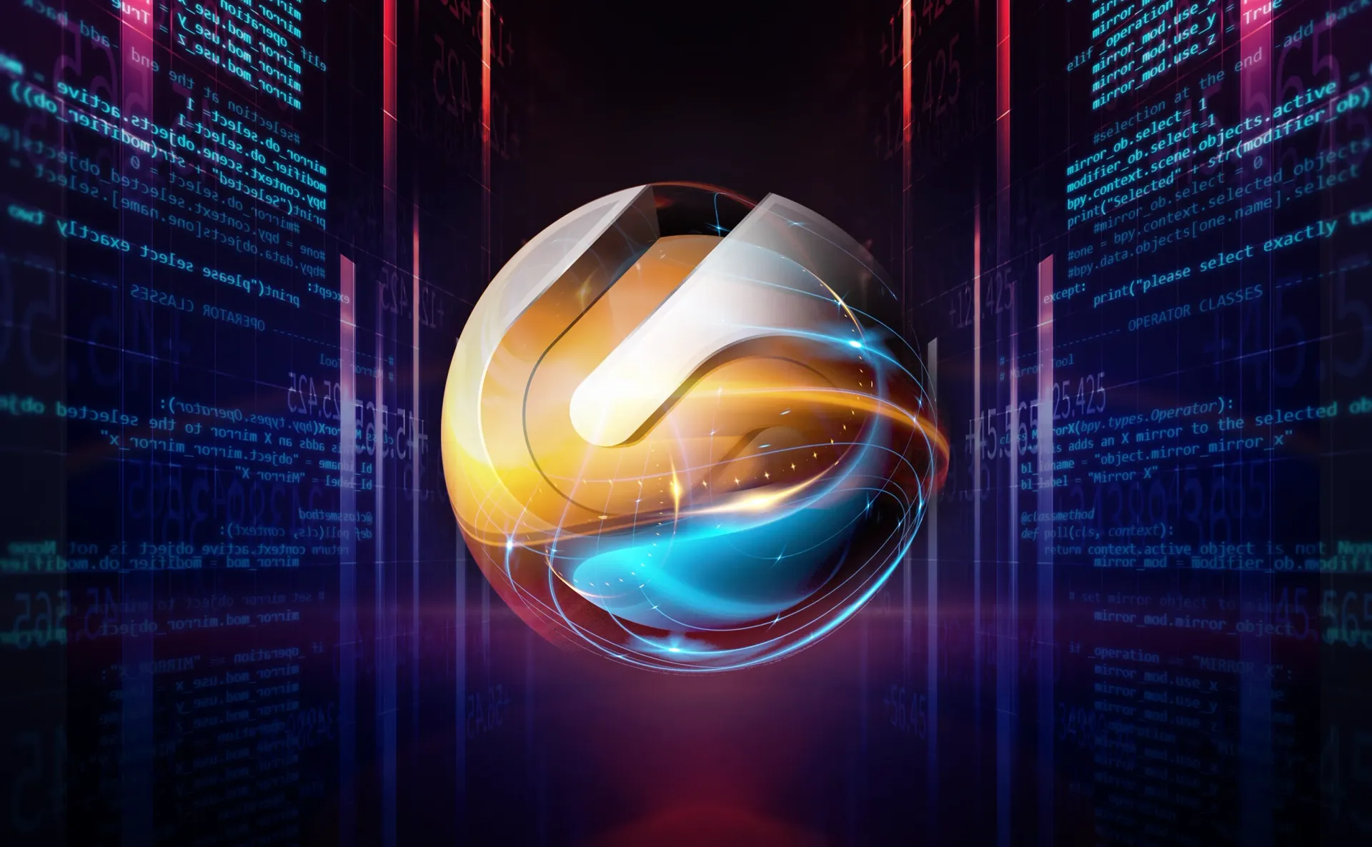 Abstract, glowing sphere in front of blue code background with orange, silver, and blue highlights.