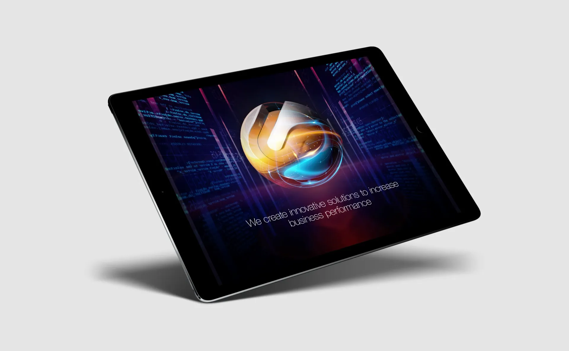 Tablet displaying a logo with a colorful globe design against a dark, tech-themed background.