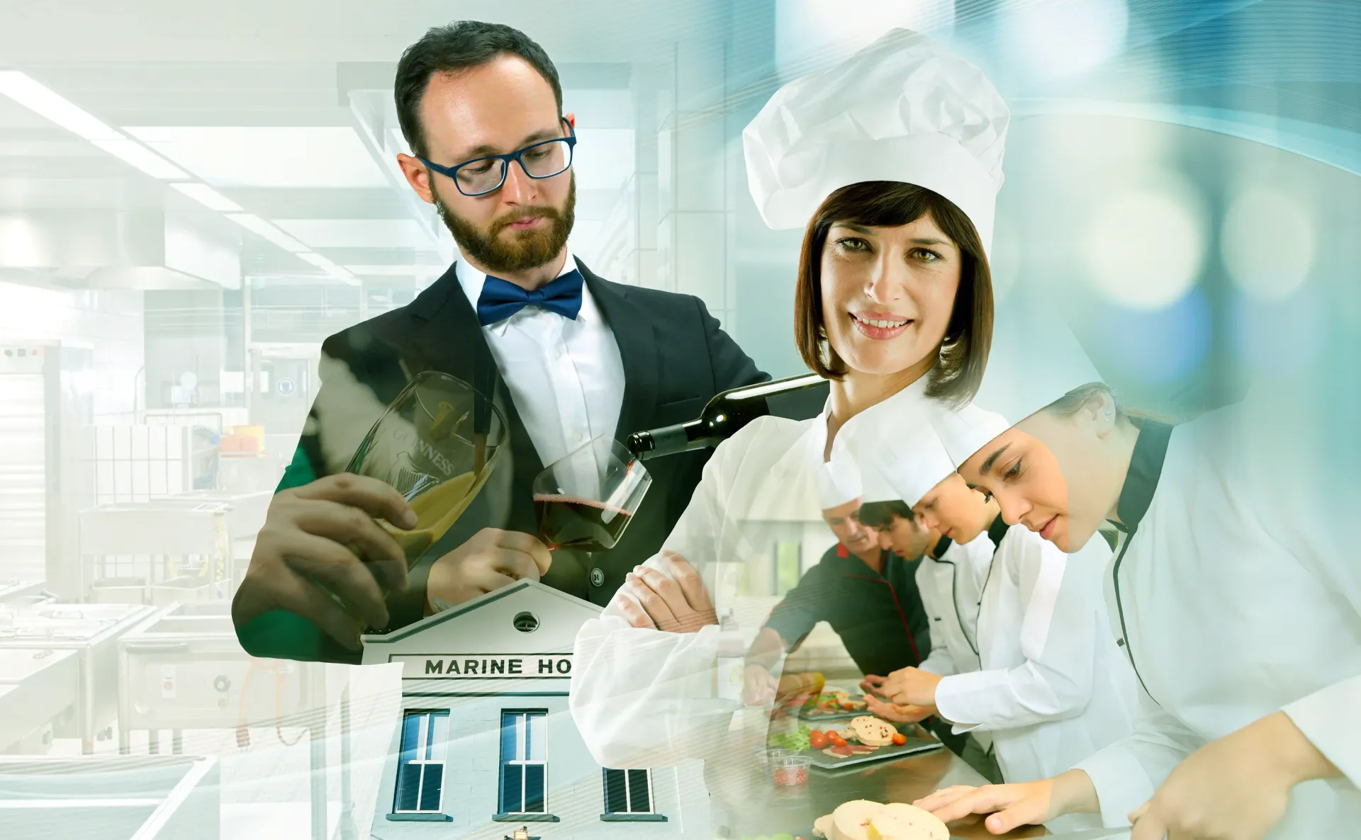 Chef and sommelier, in a kitchen setting.