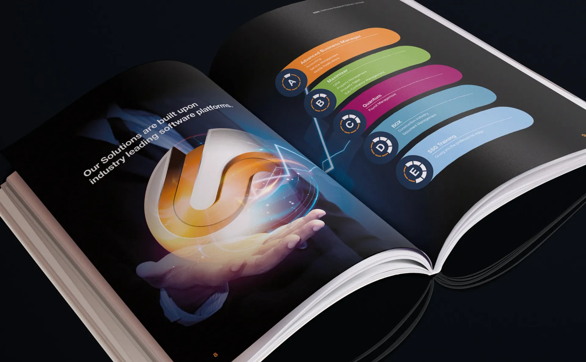 Open magazine with a futuristic design: hand holding globe with logo, and infographic with colorful circular items.
