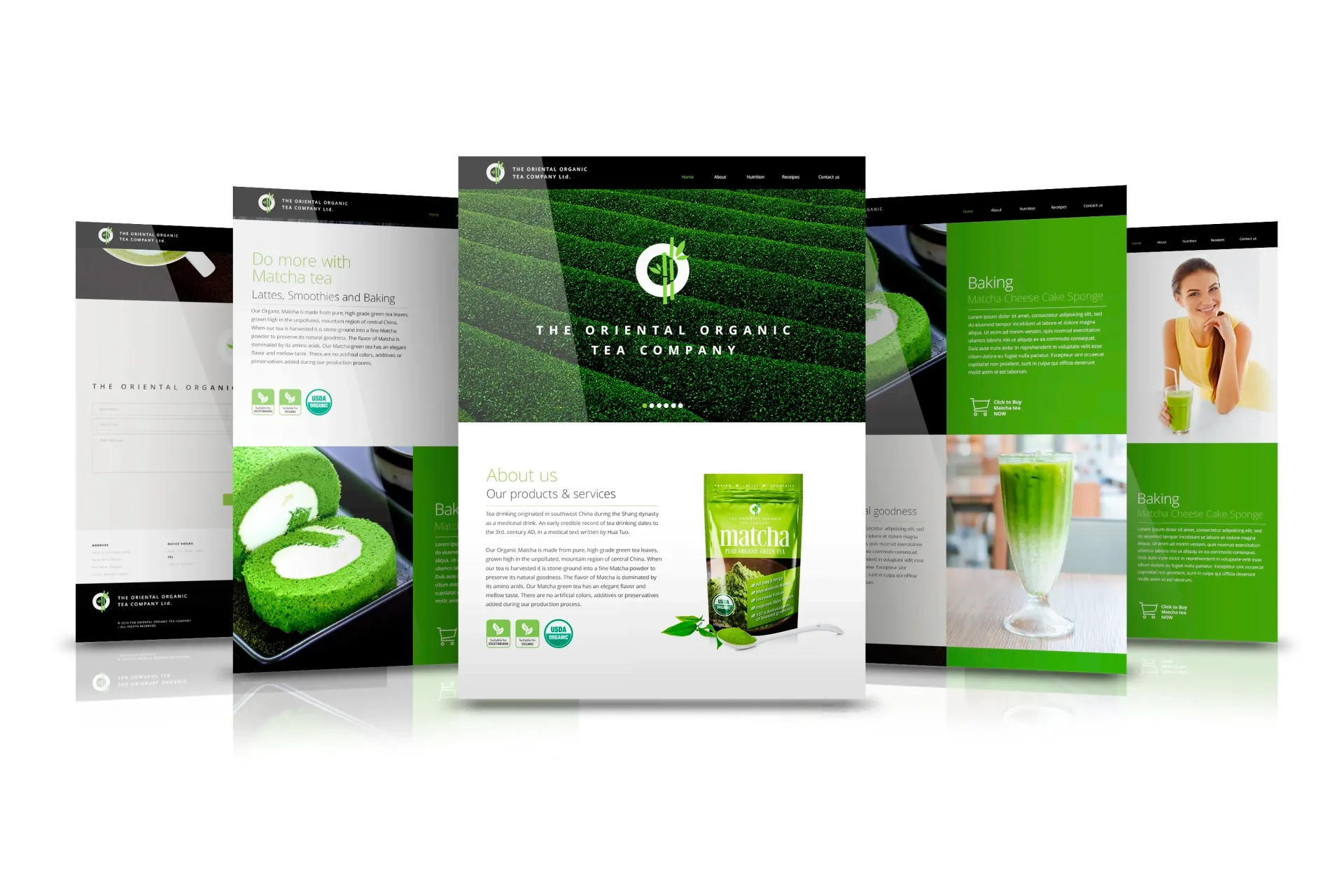 Screenshots of a website with green and white design, showcasing matcha products and content.