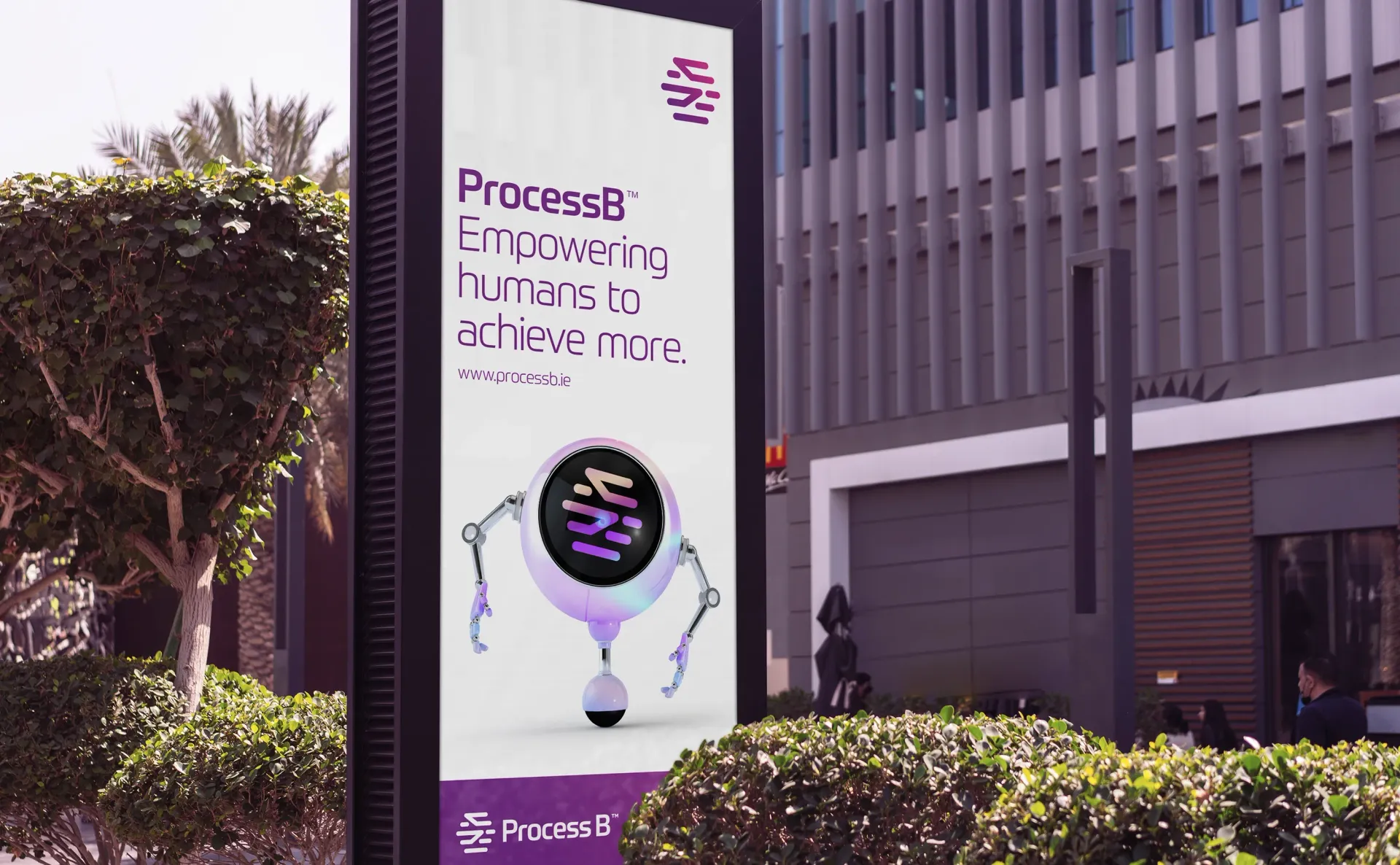 Digital sign with a robot graphic and text promoting 