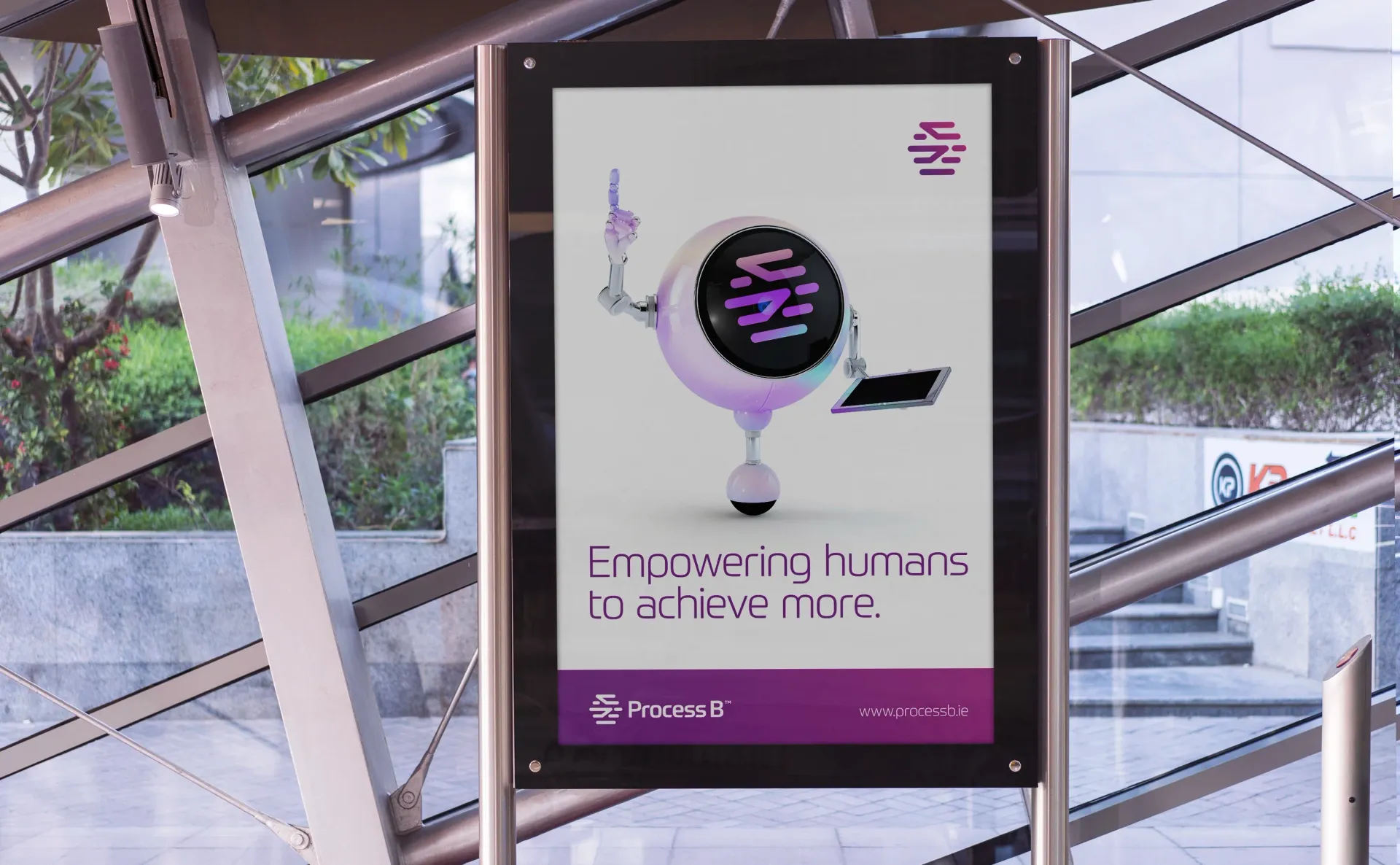 Advertisement featuring a robot with a tablet, purple and white color scheme, text: 
