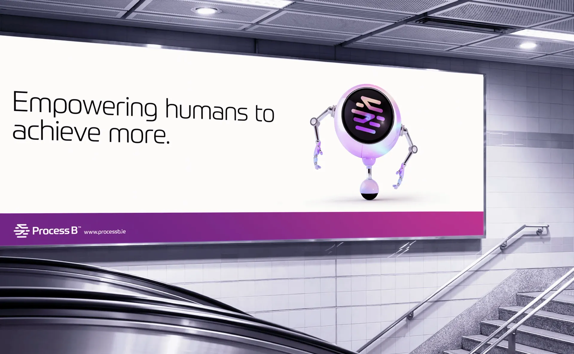 Billboard in subway: Robot with text 