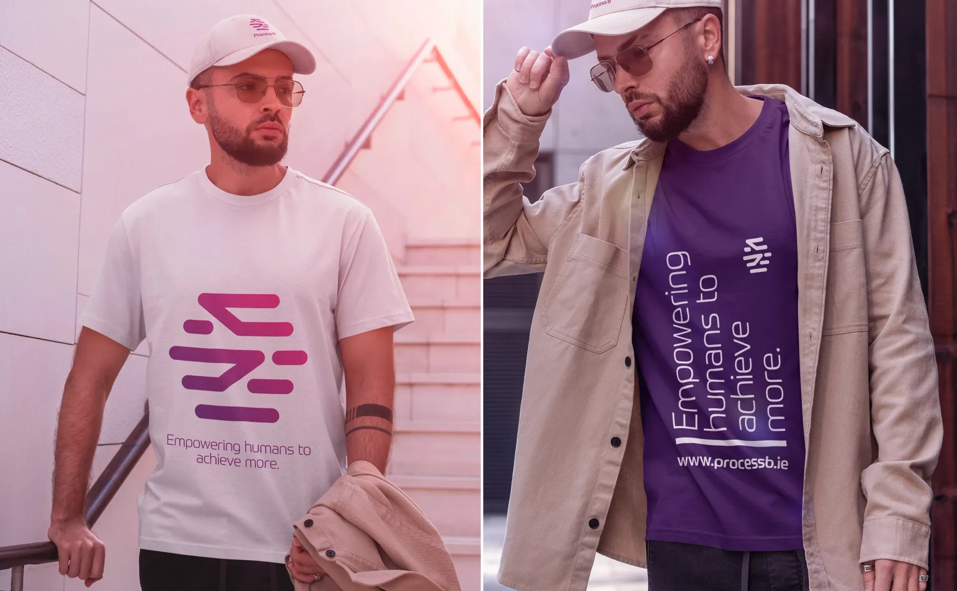 Two images: Man wearing a white t-shirt and purple t-shirt with logos. Both are outdoors, wearing hats and glasses.