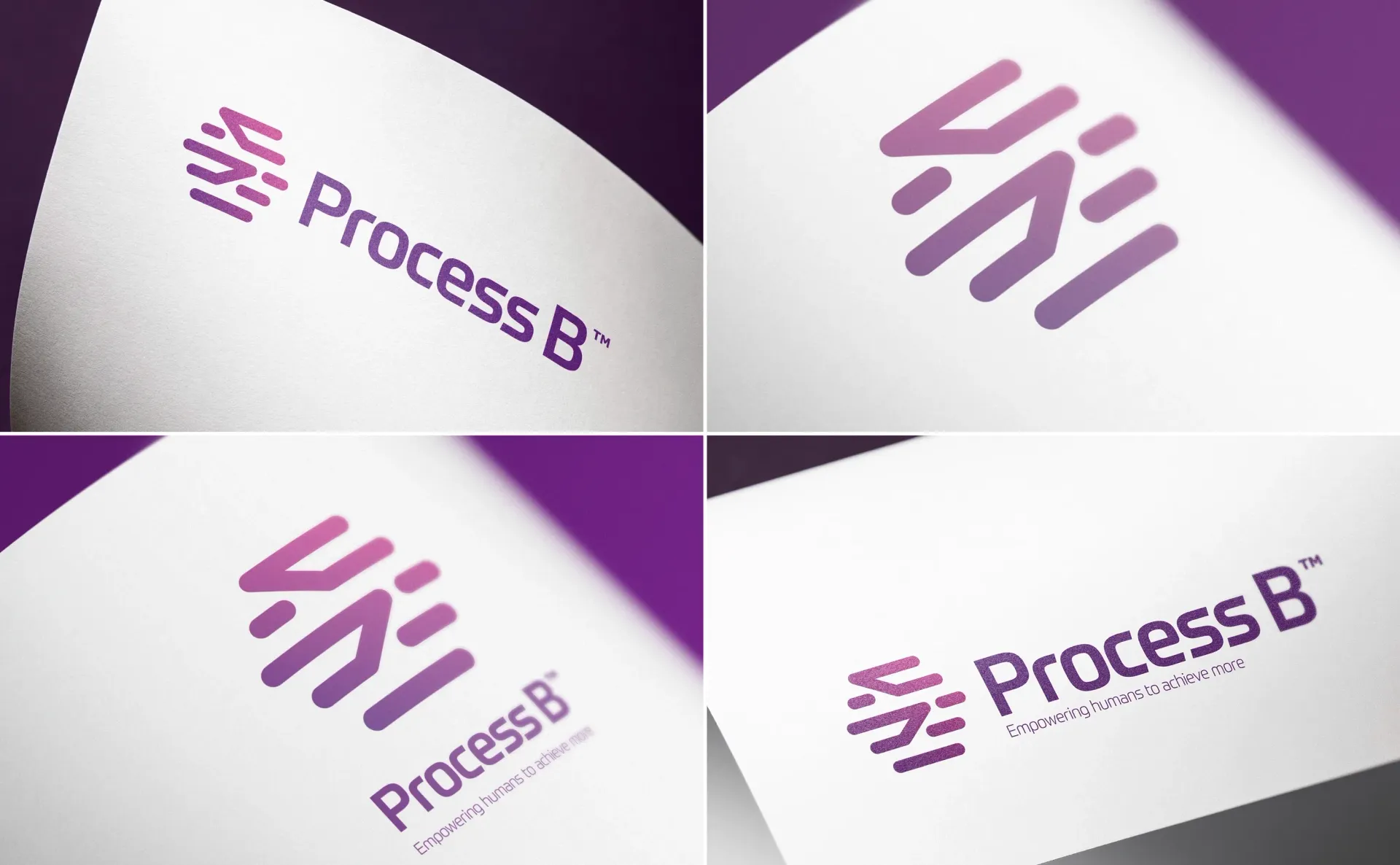 Four views of the Process B logo on angled white paper with a purple gradient background. Logo is purple.