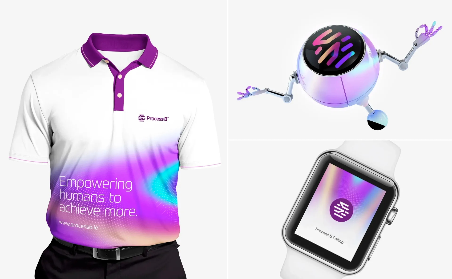 Polo shirt, robot, and smartwatch with a gradient design, purple, blue, and white.