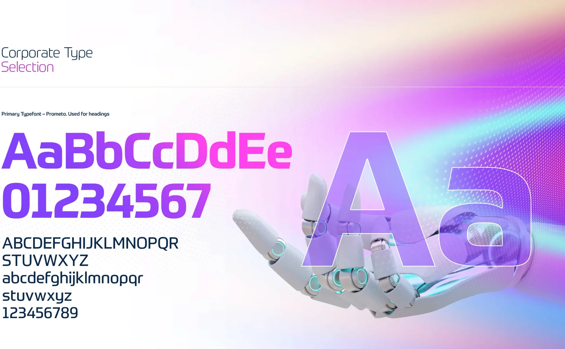 Font showcase with purple text and robotic hand against a blurred tech background.