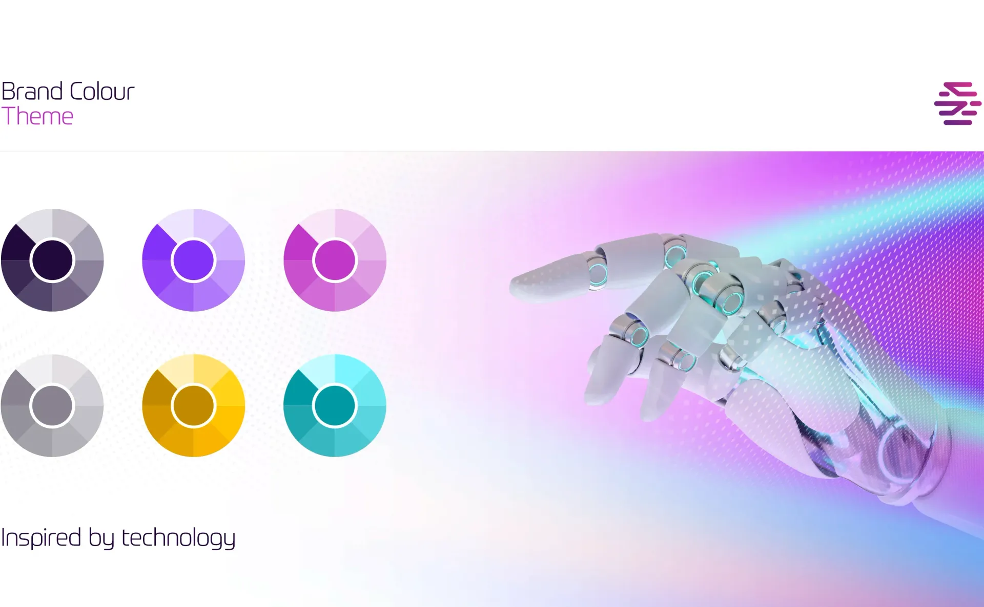 Brand color palette with a robot hand reaching toward a colorful futuristic background.