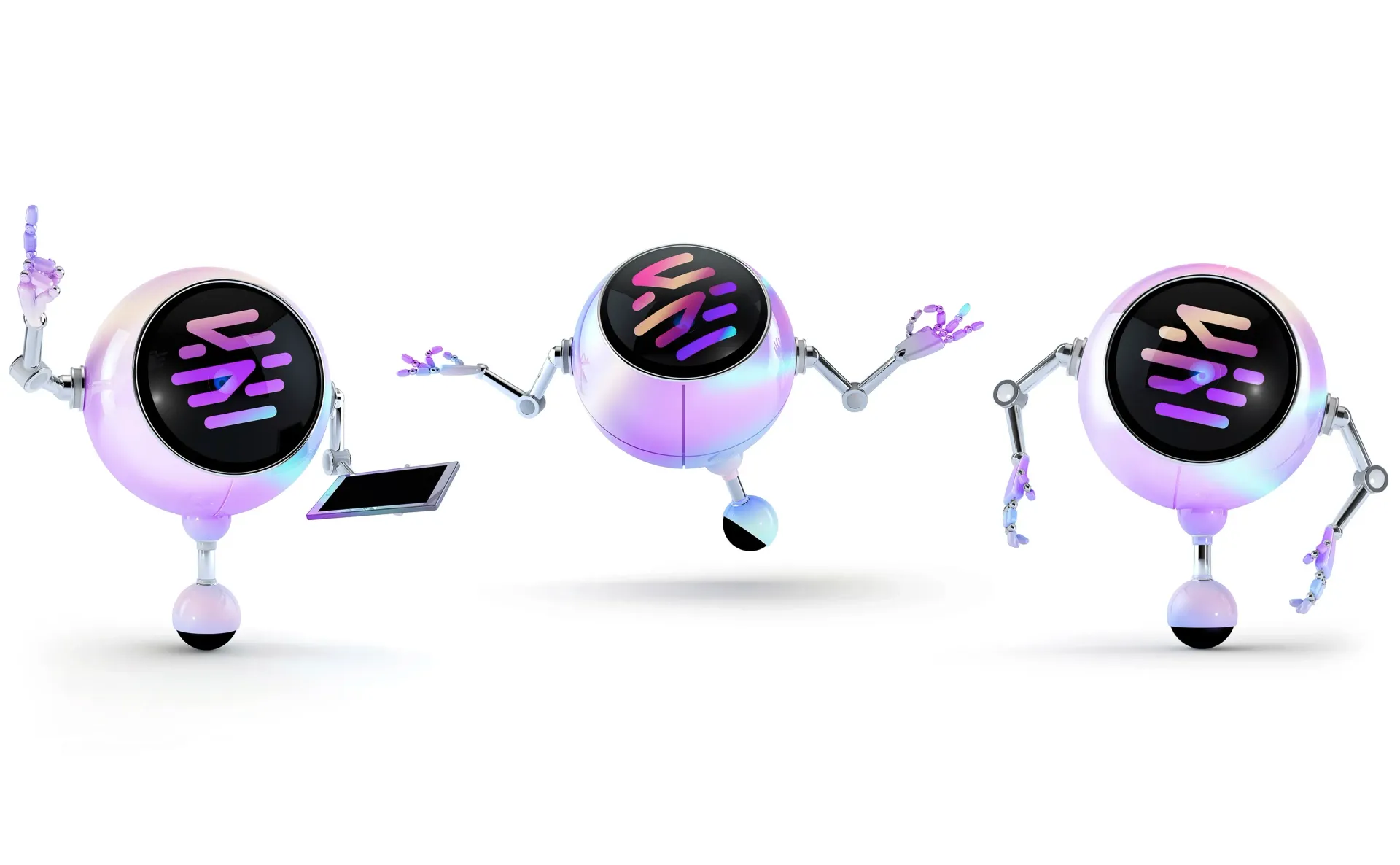 Three spherical robots with screen faces in different poses: one pointing, one floating, and one with arms down.