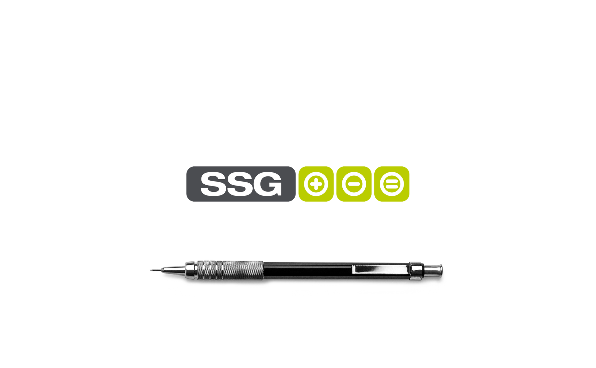 SSG logo with plus, minus, and equal signs next to a black and silver mechanical pencil.