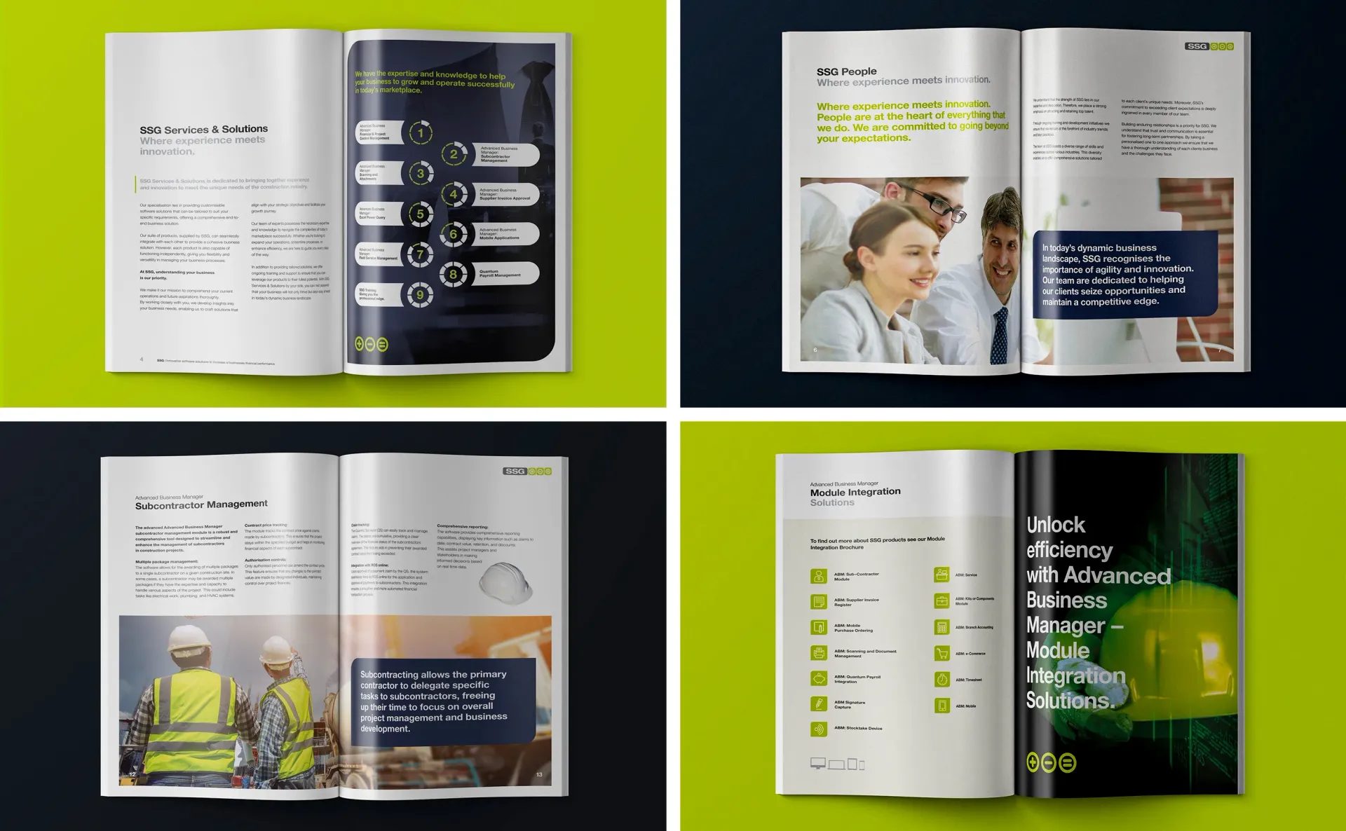 Four open magazine spreads with text and photos on a green and black background.