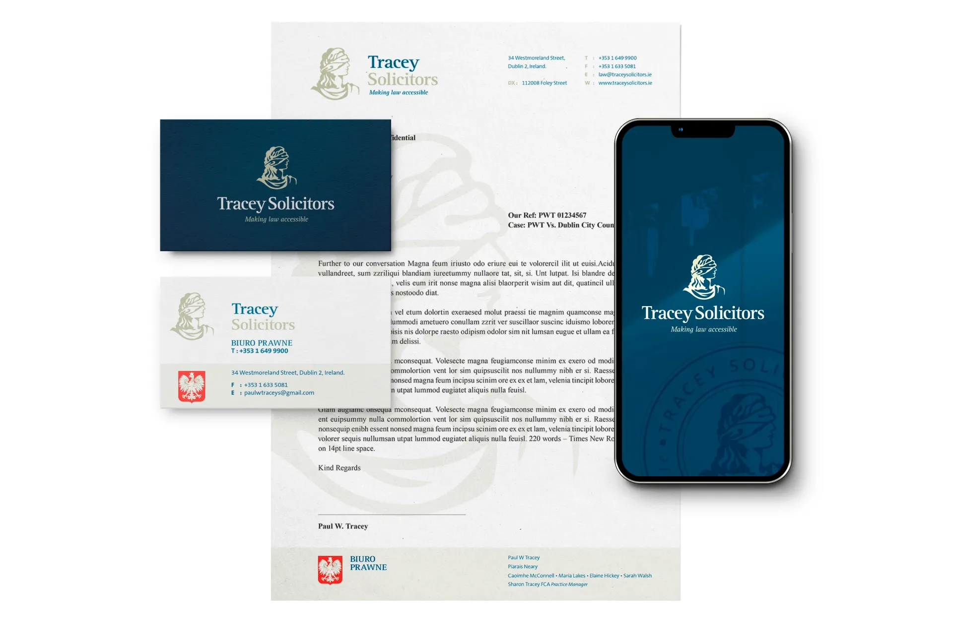Branding set: business card, letterhead, phone with logo, and a second business card. All with a dark blue and gold logo.