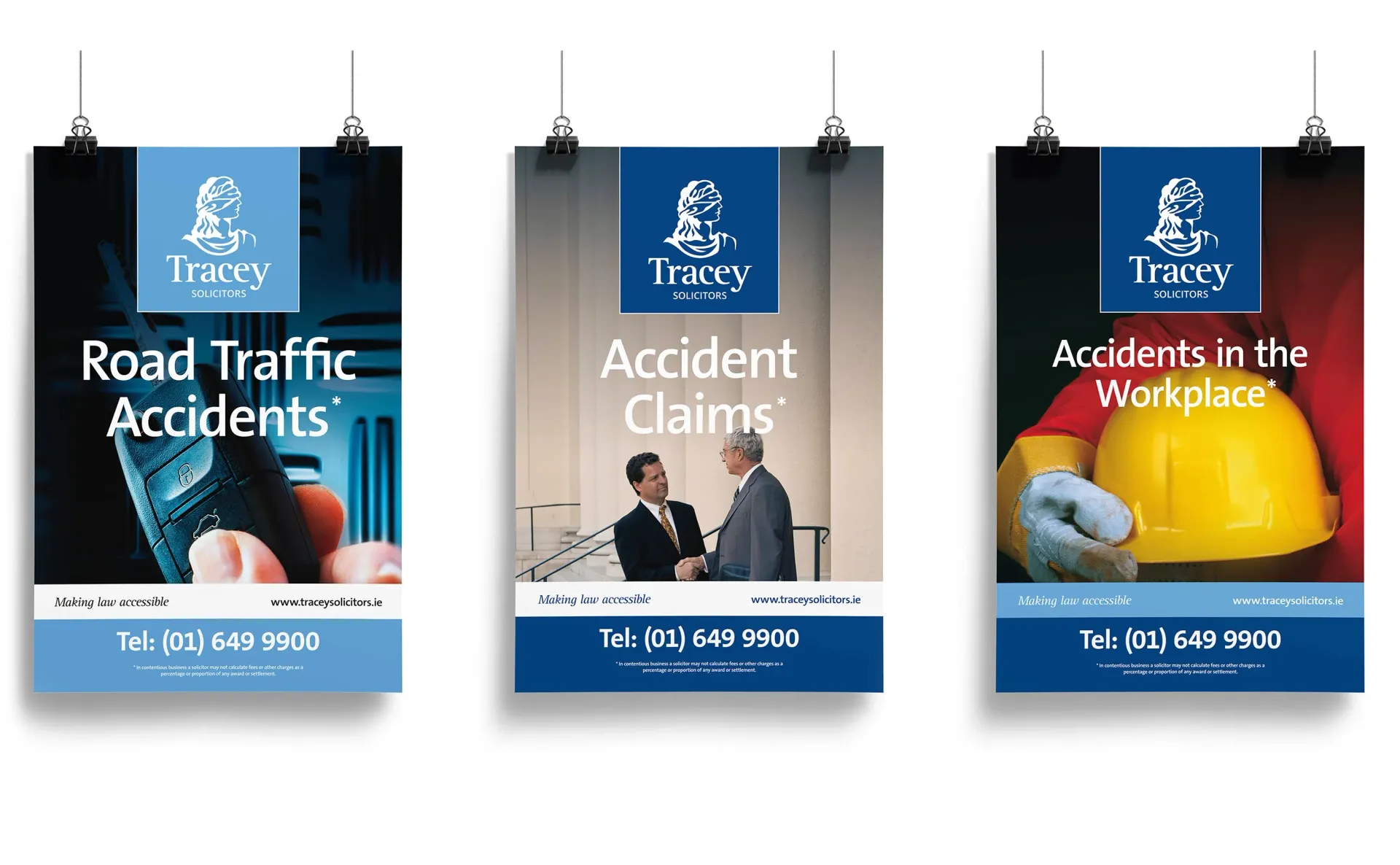 Three posters advertising a law firm. Topics: road accidents, accident claims, and workplace accidents.