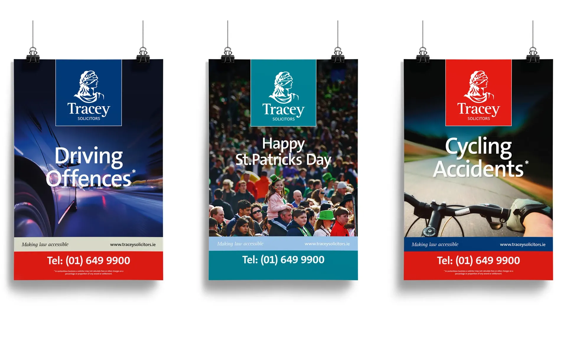 Three posters with a logo. Topics: Driving Offences, Happy St. Patrick's Day, Cycling Accidents. Each has a phone number.