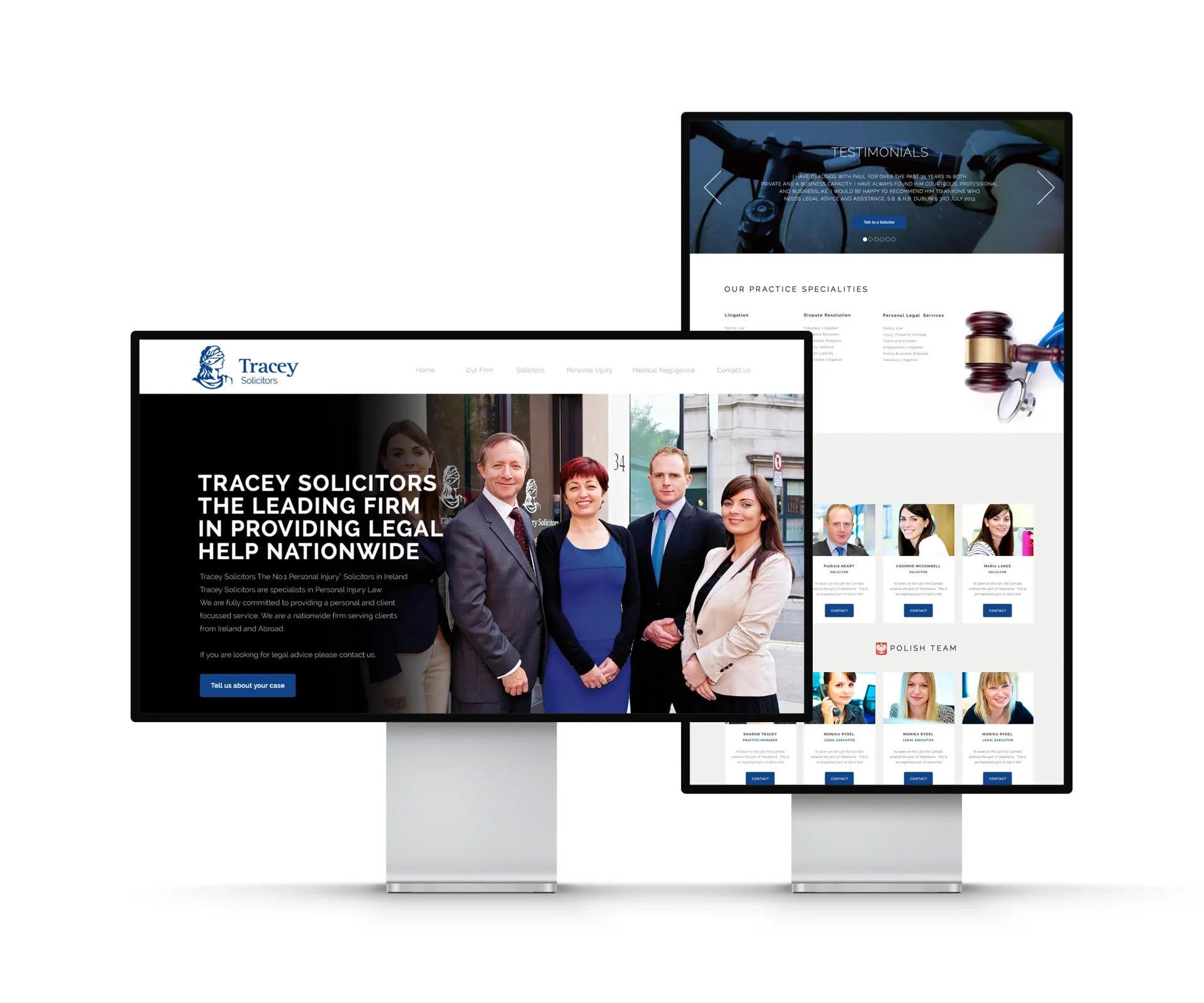 Website mockup of Tracey Solicitors law firm displayed on three screens.