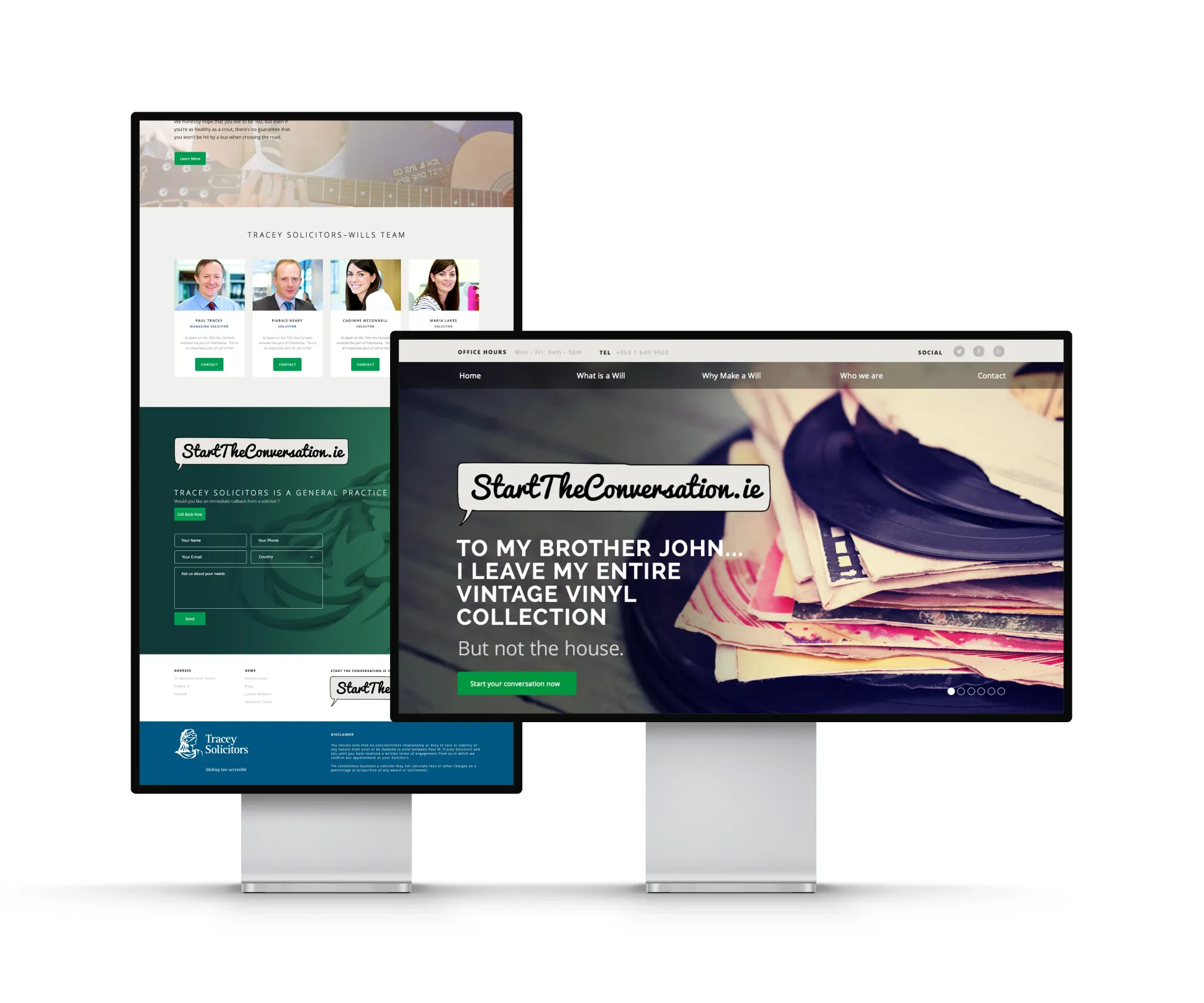 Two computer screens showing website layouts. One green-themed, the other featuring vinyl records.