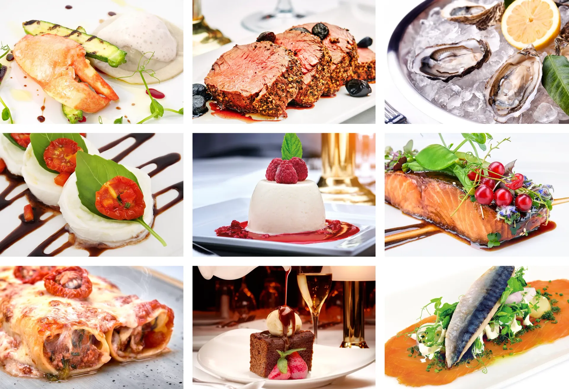 Nine dishes: crab, steak, oysters, caprese salad, dessert, salmon, cannelloni, brownie, and fish.
