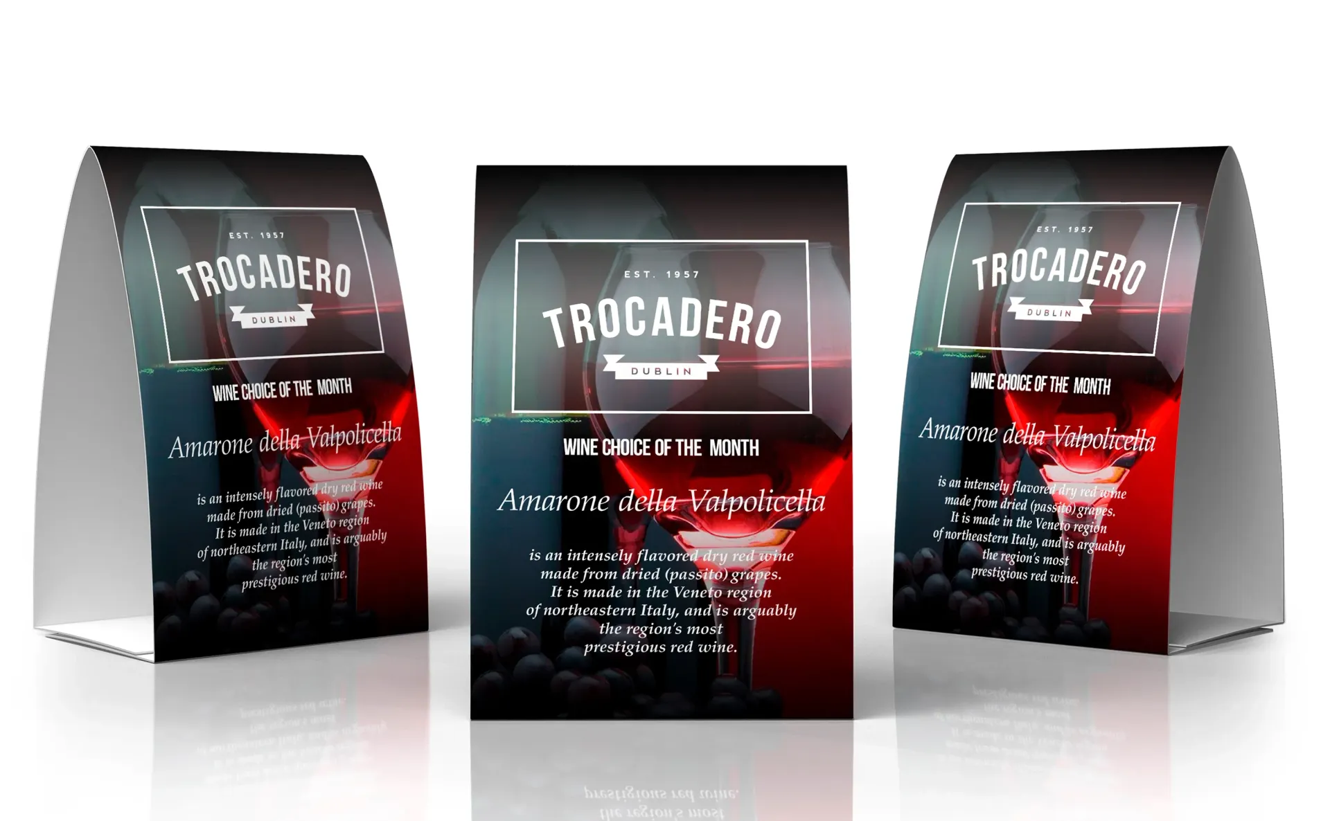 Three-sided table tent advertising Trocadero restaurant with red and black design.