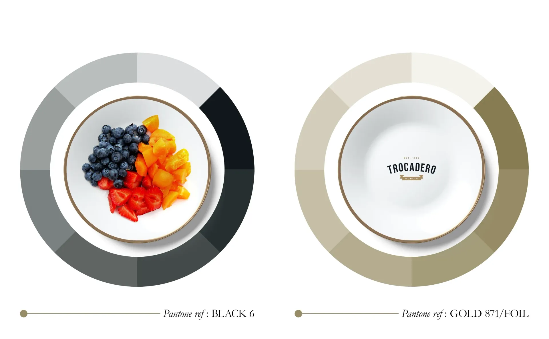 Two plates, one with fruit, the other empty, set within grayscale and beige color palettes.