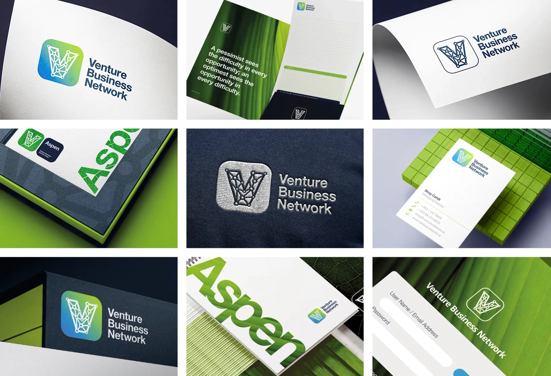 A collection of business stationery mockups with a logo in teal, blue, and green.