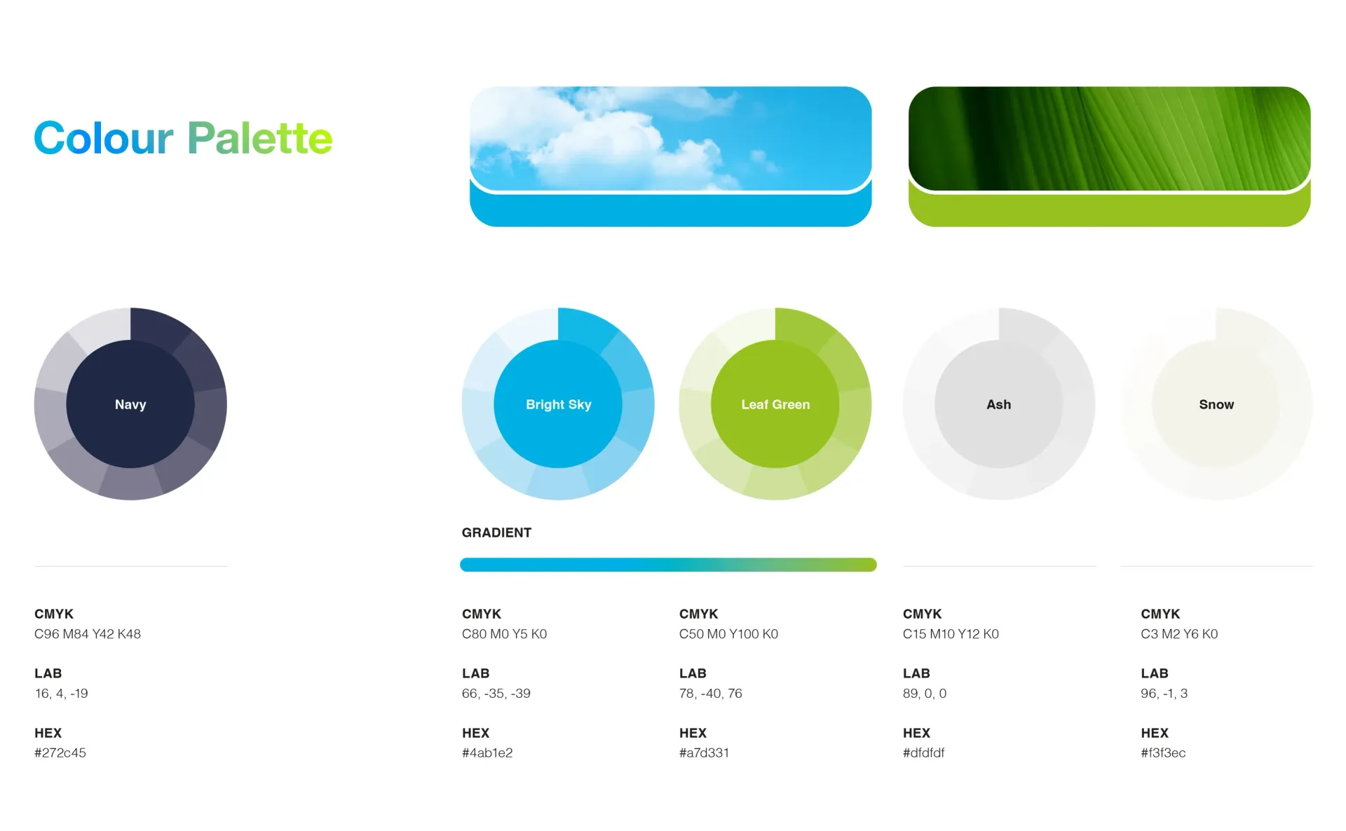 Color palette with blue and green hues, and a dark blue circle. Data visualization with progress bars.