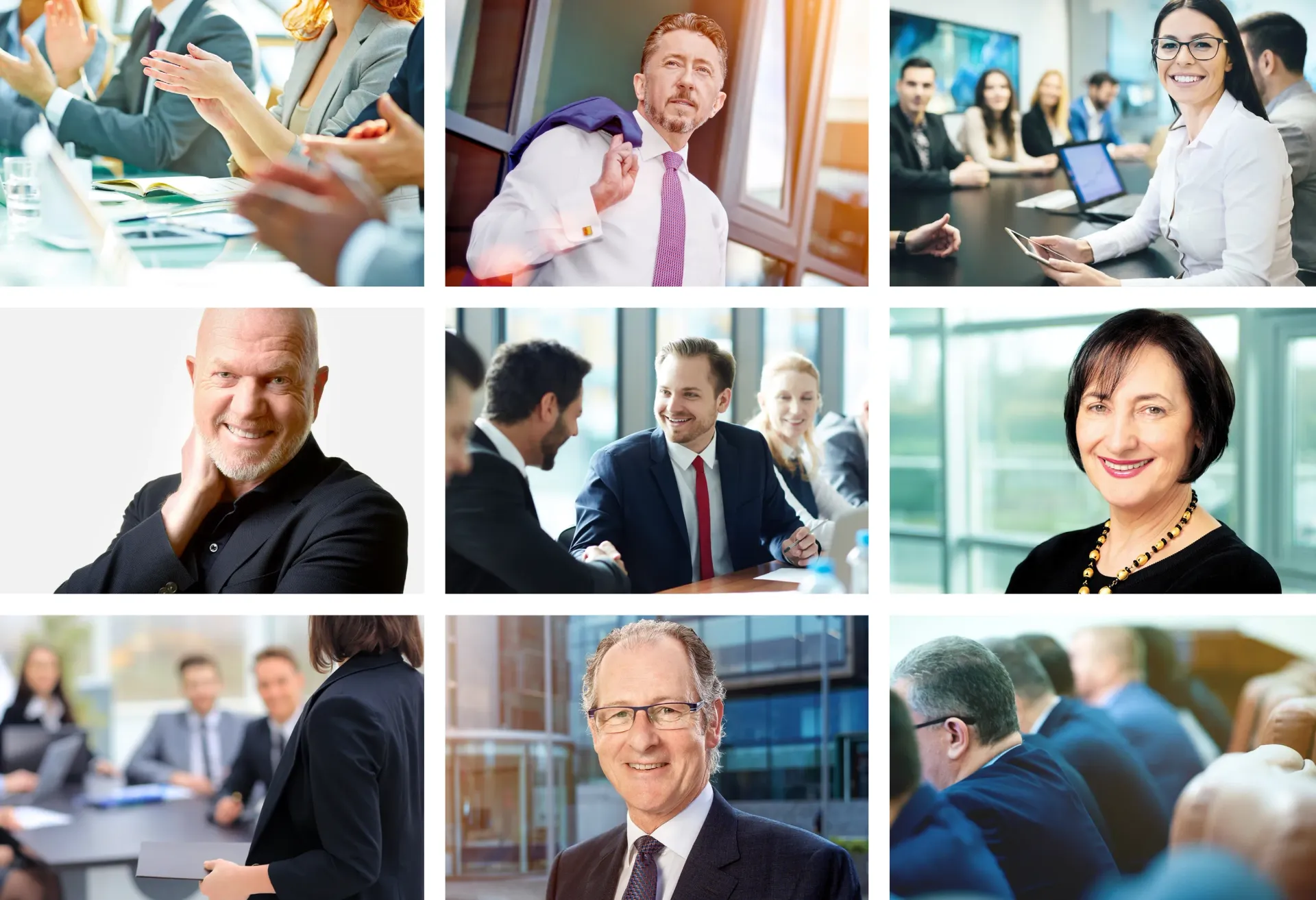 Nine photos of business professionals in various settings.