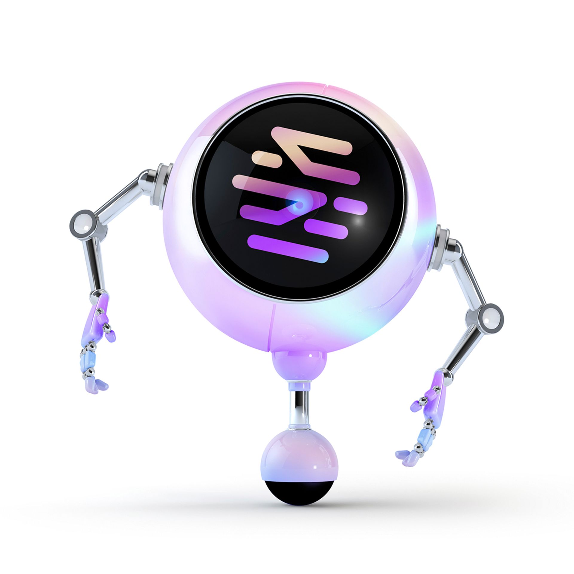 A spherical robot with a screen displaying a logo, iridescent body, jointed arms, and a small lower ball.