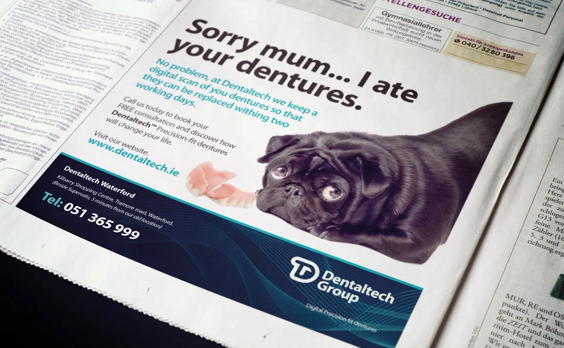 Ad: Pug dog with a dental group logo. Headline: 