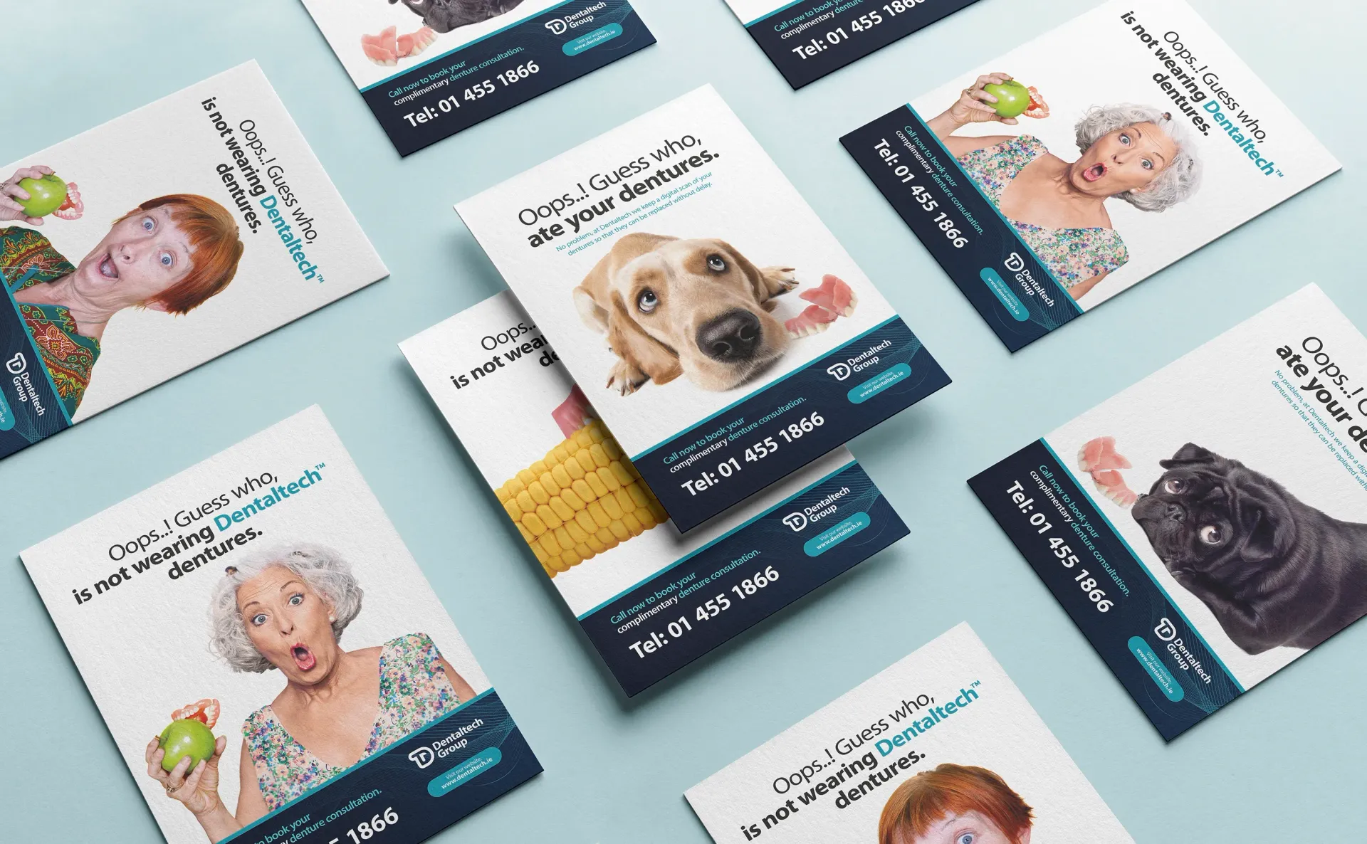 Business cards with pet-themed illustrations: dog, cat, pug, woman with apple, on light blue background.