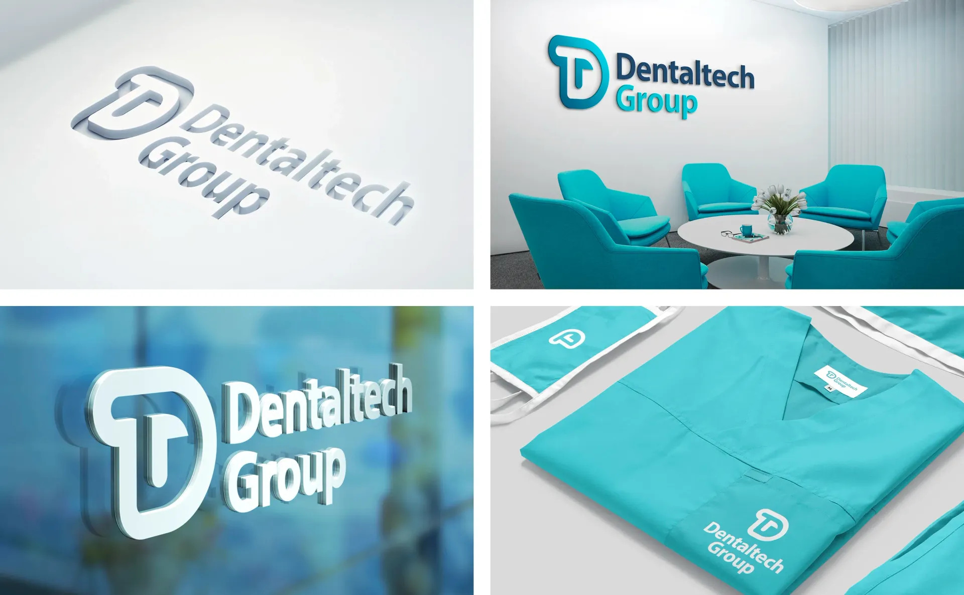 Dentaltech Group logo in various settings: wall, waiting room, glass door, scrubs. Teal color scheme.